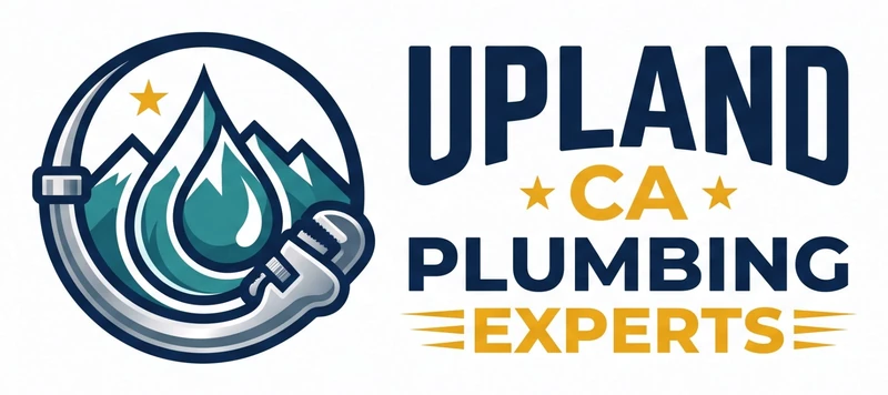 Upland CA Plumbing Experts logo: a water drop in front of mountains inside a pipe ring, in the header of the home page